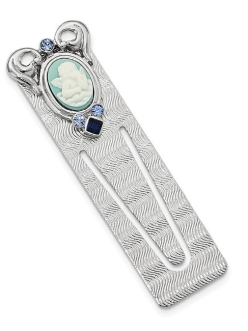 Symbols Of Faith Silver-tone Ornate Blue Crystal Acrylic Cherub Cameo Bookmark
